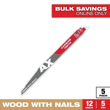 Milwaukee 48-00-5527, accessory: 12 in. 5 TPI AX Carbide Teeth Demolition Nail-Embedded Wood Cutting SAWZALL Reciprocating Saw Blades (5-Pack)