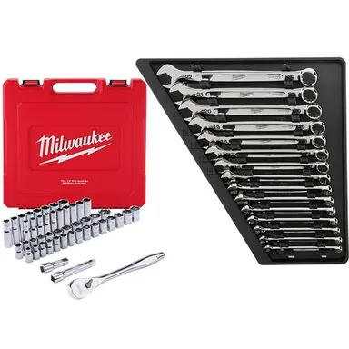 Milwaukee 48-22-9515-48-22-9010, bundle: Combination Metric Wrench Mechanics Set with 1/2 in. Drive SAE/Metric Ratchet and Socket Mechanics Set (62-Piece)