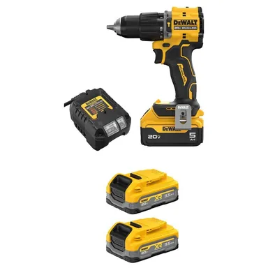DeWalt DCD799P1WP320-2, bundle: Atomic 20-Volt Lithium-Ion Cordless 1/2 in. Hammer Drill Kit w/ 5 Ah Battery (2) Powerstack 3.5 Ah Batteries and Charger
