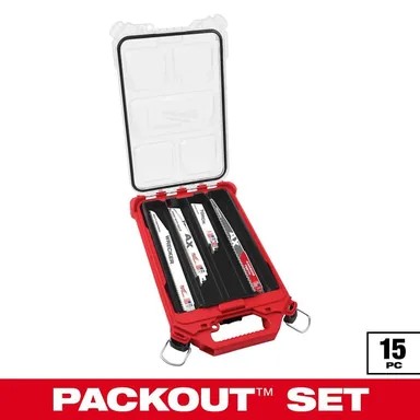 Milwaukee 49-22-5641, accessory: PACKOUT SAWZALL Reciprocating Saw Blade Set (15-Pack) with 12 in. 3 TPI Pruning Carbide Teeth Wood Cutting Blade