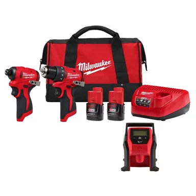 Milwaukee 3494-22-2475-20, bundle: M12 12-Volt Lithium-Ion Brushless Cordless Subcompact Drill and Impact Driver Combo Kit w/ Portable Inflator (3-Tool)