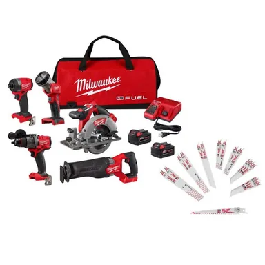 Milwaukee 3697-25-49-22-1216-48-00-5035, bundle: M18 FUEL 18V Lithium-Ion Cordless Combo Kit (5-Tool) w/ 2 5.0 Ah Batteries, Charger & SAWZALL Blades (21-Pack)