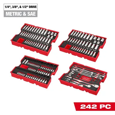 Milwaukee 48-22-9490, unpowered: 1/4 in. and 3/8 in. and 1/2 in. Drive Metric & SAE Ratchet & Socket Set with Trays for PACKOUT Drawers (242 Piece)