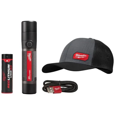 Milwaukee 2160-21-505G, bundle: 800 Lumens LED USB Rechargeable HP Fixed Focus Flashlight with GRIDIRON Gray Adjustable Fit Trucker Hat