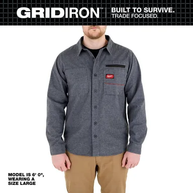 Milwaukee M552G-S, unpowered: Men's Small Gray GRIDIRON Flannel Shirt (photograph from the Home Depot listing)