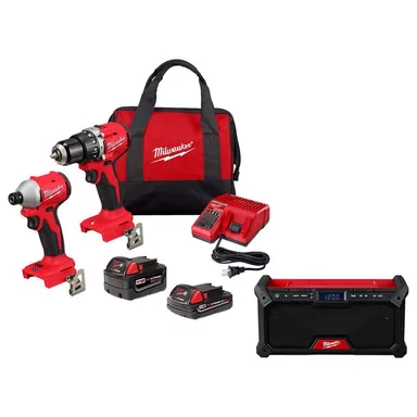 Milwaukee 3693-22CX-2952-20, bundle: M18 18-Volt Lithium-Ion Brushless Cordless Compact Hammer Drill/Impact Combo Kit with (2) Batteries & Jobsite Radio