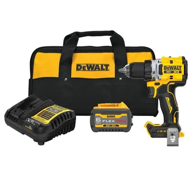 DeWalt DCD801T1, kit: 20V MAX XR Lithium-Ion Brushless Cordless 1/2 in. Drill/Driver Kit with 6.0 Ah FLEXVOLT Battery, Charger and Kitbag (photograph from the Home Depot listing)