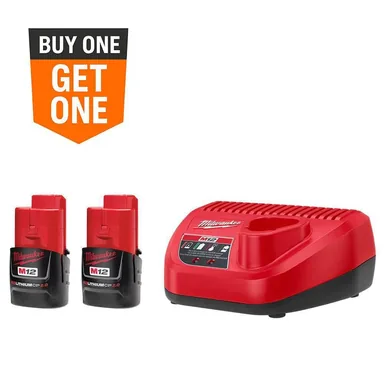 Milwaukee 48-59-2420P, accessory: M12 12V Lithium-Ion Compact 2.0 Ah Battery Pack (2-Pack) Starter Kit with Charger