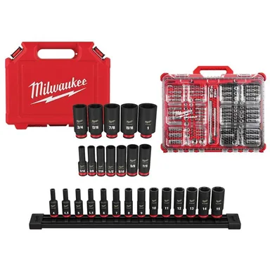 Milwaukee 49-66-7006-49-66-7003-48-22-9486, bundle: Shockwave 1/4 in. 3/8 in. Drive Deep Well Impact/Chrome Ratchet Socket Set with Packout (132-Piece)