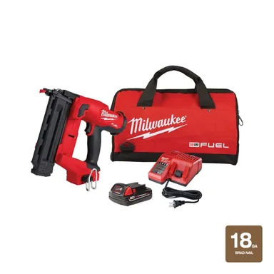 Milwaukee 2746-21CT, kit: M18 FUEL GEN II 18-Volt 18-Gauge Lithium-Ion Brushless Cordless Brad Nailer Kit with One 2.0 Ah Battery, Charger and Bag
