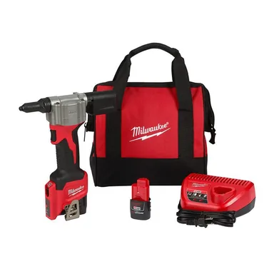 Milwaukee 2550-22, kit: M12 12-Volt Lithium-Ion Cordless Rivet Tool Kit with (2) 1.5Ah Batteries and Charger