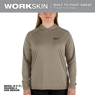 Milwaukee F550N-XS, unpowered: Women's X-Small Sandstone WORKSKIN Hooded Sun Shirt (photograph from the Home Depot listing)