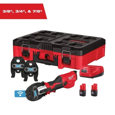 Milwaukee 2573-22M, kit: M12 FORCE LOGIC Press Tool Kit w/ ONE KEY with 3/8", 3/4", & 7/8" Streamline ACR Press Jaws (photograph from the Home Depot listing)