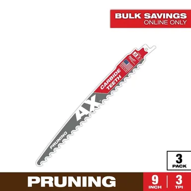 Milwaukee 48-00-5332, accessory: 9 in. 3 TPI Pruning Carbide Teeth Wood Cutting SAWZALL Reciprocating Saw Blades (3-Pack)