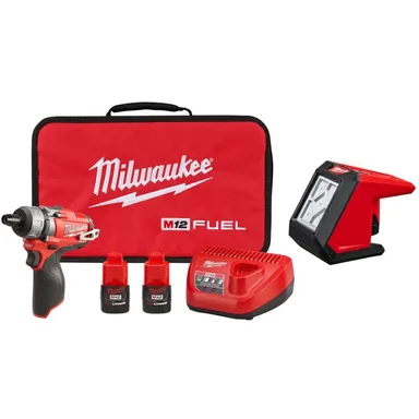 Milwaukee 2402-22-2364-20, bundle: M12 FUEL 12V Lithium-Ion Cordless 1/4 in. Hex 2-Speed Screwdriver Kit with M12 Compact Flood Light (Tool-Only)