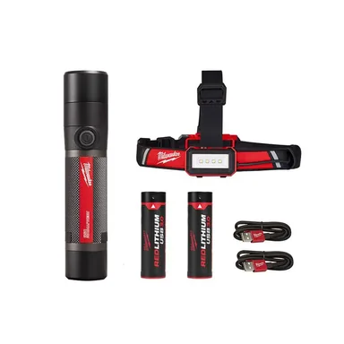Milwaukee 2160-21-2115-21, bundle: 800 Lumens LED USB Rechargeable HP Fixed Focus Flashlight and 600 Lumens Low-Profile Hard Hat Headlamp (2-Pack)