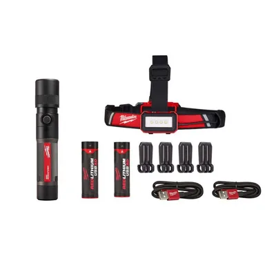 Milwaukee 2115-21-2161-21, bundle: 600 Lumens LED REDLITHIUM USB Low-Profile Hard Hat Headlamp w/1100 Lumens LED USB Twist Focus Flashlight (2-Pack)