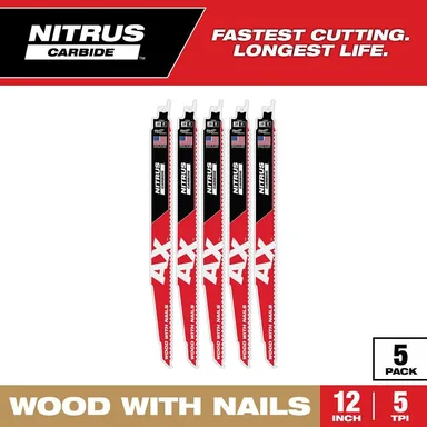 Milwaukee 48-00-7553, accessory: 12 in. 5 TPI NITRUS AX Carbide Teeth Demolition Nail-Embedded Wood Cutting SAWZALL Reciprocating Saw Blade 5PK