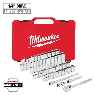 Milwaukee 48-22-9004, unpowered: 1/4 in. Drive SAE/Metric Ratchet and Socket Mechanics Tool Set (50-Piece)