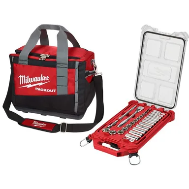 Milwaukee 48-22-9481-48-22-8321, bundle: 3/8 in. Drive SAE Ratchet and Socket Mechanics Tool Set with PACKOUT Case (28-Piece) and 15 in. PACKOUT Tool Bag