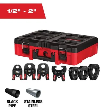 Milwaukee 49-16-2683, accessory: 1/2 in. - 2in. IPS-P Black Iron Pipe/Steel Jaw and Pivoting Ring Kit for M18 FORCE LOGIC Press Tools (photograph from the Home Depot listing)