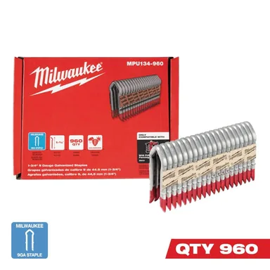 Milwaukee MPU134-960, accessory: 1-3/4 in. 9-Gauge Galvanized Staples for M18 FUEL Utility Fencing Stapler (960 Per Box) (photograph from the Home Depot listing)