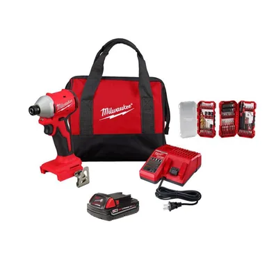 Milwaukee 3650-21P-48-32-4098, bundle: M18 18V Compact Brushless 1/4 in. Impact Driver Kit  2.0Ah Battery, Charger, Bag with SHOCKWAVE 75-Pc