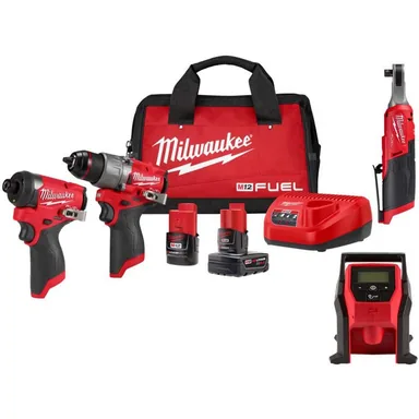 Milwaukee 3497-22-2567-20-2475-20, bundle: M12 FUEL 12-Volt Li-Ion Brushless Cordless Hammer Drill & Impact Driver Combo Kit w/2 Batteries, 3/8 Ratchet & Inflator