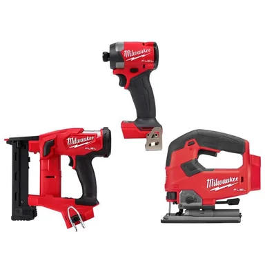 Milwaukee 2749-20-2737-20-2953-20, bundle: M18 FUEL 18V Lith-Ion Brushless Cordless 18-Gauge 1/4 in. Narrow Crown Stapler with Jig Saw, & Impact Driver