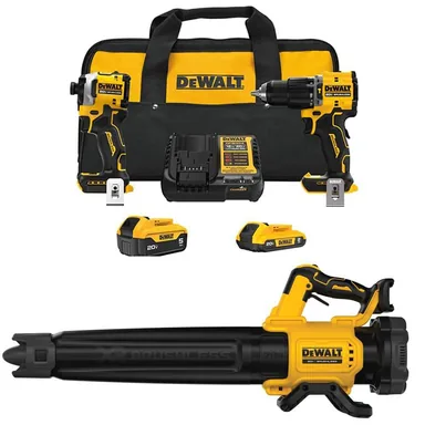 DeWalt DCK200D1P1W722B, bundle: ATOMIC 20-Volt Lithium-Ion Cordless 2-Tool Combo Kit and Brushless Handheld Blower w/ 5 Ah and 2 Ah Batteries, Charger