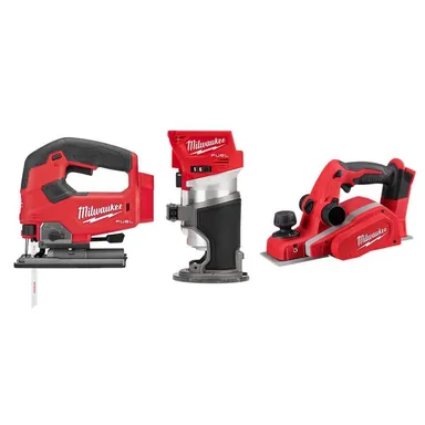 Milwaukee 2737-20-2723-20-2623-20, bundle: M18 FUEL 18V Lithium-Ion Brushless Cordless Jig Saw/Compact Router/3-1/4 in. Planer Combo Kit (3-Tool)