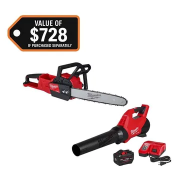 Milwaukee 2727-20-3017-21HD, bundle: M18 FUEL 18V 16 in. Brushless Cordless Battery Powered Chainsaw with M18 FUEL Blower, 8.0 Ah FORGE Battery, Charger