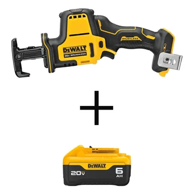 DeWalt DCS369BWDCB206, bundle: ATOMIC 20-Volt MAX Lithium-Ion Cordless Brushless Compact Reciprocating Saw with Premium Lithium-Ion 6.0 Ah Battery Pack