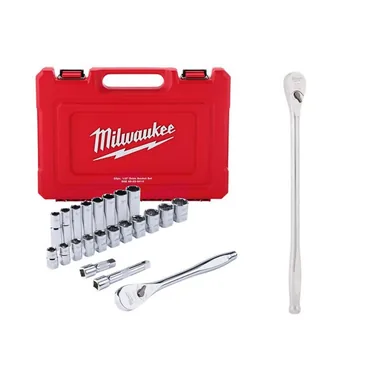 Milwaukee 48-22-9410-48-22-9050, bundle: 1/2 in. Drive SAE Ratchet & Socket Mechanics Tool Set with 1/2 in. Drive 90-Tooth 18 in. Extended Ratchet (23-Piece)