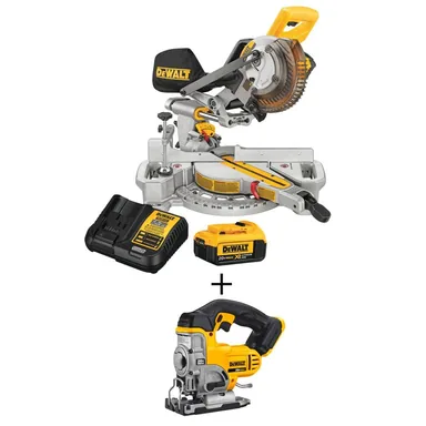 DeWalt DCS361M1W331B, bundle: 20V MAX Cordless 7-1/4 in. Sliding Miter Saw, 20V MAX Cordless Jig Saw, and (1) 20V 4.0Ah Battery
