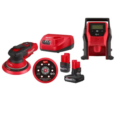 Milwaukee 2585-22CX-2475-20, bundle: M12 FUEL 12-Volt Li-Ion Brushless Cordless 6 in. Random Orbital Sander (3/16 in) wM12 5.0Ah,2.5Ah Batteries,&Inflator