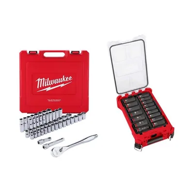 Milwaukee 48-22-9010-49-66-6803, bundle: 1/2 in. Drive SAE/Metric Ratchet & Socket Tool Set & 1/2 in. Drive Metric Deep Well PACKOUT Impact Socket Set (63-Piece)