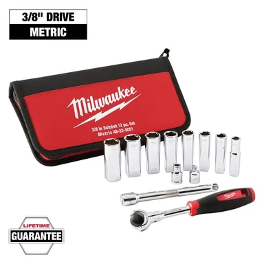 Milwaukee 48-22-9001, unpowered: 3/8 in. Drive Metric Ratchet & Socket Set (12-Piece) (photograph from the Home Depot listing)