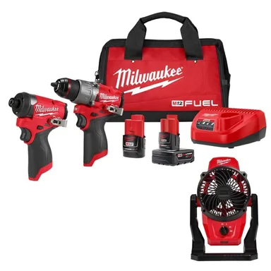 Milwaukee 3497-22-0820-20, bundle: M12 FUEL 12-Volt Lithium-Ion Brushless Cordless Hammer Drill, Impact Driver, & M12 Fan Combo Kit w/2 Batteries & Bag