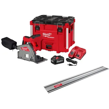 Milwaukee 2831-21-48-08-0571, bundle: M18 FUEL 18V Lithium-Ion Brushless Cordless 6-1/2 in. Plunge Track Saw Kit with 55 in. Track Saw Guide Rail (photograph from the Home Depot listing)