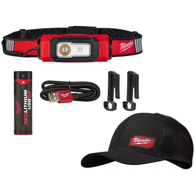 Milwaukee 2116-21-505B, bundle: 600 Lumens LED REDLITHIUM USB 360-Degree Visibility Hard Hat Headlamp with GRIDIRON Black Adjustable Fit Trucker Hat