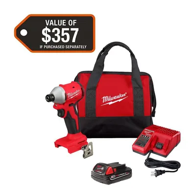 Milwaukee 3650-21P, kit: M18 18-Volt Lithium-Ion Compact Brushless Cordless 1/4 in. Impact Driver Kit with One 2.0 Ah Battery, Charger & Tool Bag