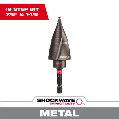 Milwaukee 48-89-9249, accessory: SHOCKWAVE 7/8 in. - 1-1/8 in. #9 Impact-Rated Titanium Step Drill Bit (2-Steps) (photograph from the Home Depot listing)