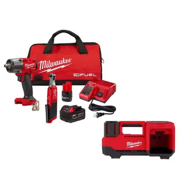Milwaukee 3890-22-2848-20, bundle: M18 FUEL 18V Cordless Mid Torque 1/2 in. Impact Wrench w/ M12 FUEL 3/8 in Ratchet & Battery/Charger Combo Kit & Inflator