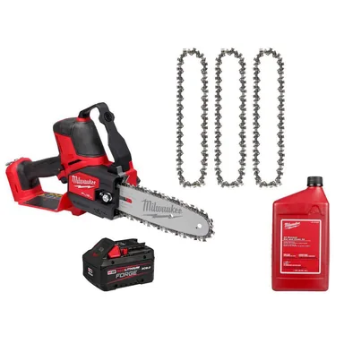 Milwaukee 3004-20-48-11-1881-49-16-2817-49-16-2837, bundle: M18 FUEL 18V Brushless Battery 8 in. HATCHET Mini Pruning Chainsaw w/ 8 Ah Battery, 8 in. Chain (3 PK), Bar & Chain Oil