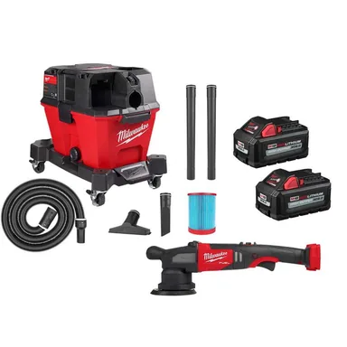 Milwaukee 2684-20-0910-20-48-11-1862, bundle: M18 FUEL 18V Lith-Ion Brushless Cordless 15MM DA Polisher w/Wet/Dry Shop Vac & (2) High Output 6.0Ah Battery Pack