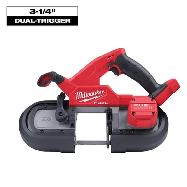 Milwaukee 2829S-20, bare tool: M18 FUEL 18V Lithium-Ion Brushless Cordless Compact Dual Trigger Band Saw with ONE-KEY (Tool-Only) (photograph from the Home Depot listing)