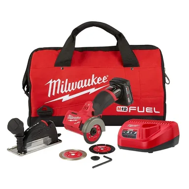 Milwaukee 2522-21XC, kit: M12 FUEL 12V 3 in. Lithium-Ion Brushless Cordless Cut Off Saw Kit with One 4.0 Ah Battery Charger and Bag