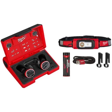 Milwaukee 2191-21-2116-21, bundle: REDLITHIUM USB Red Wireless Bluetooth Noise Cancelling Earbud with 600 Lumens Hard Hat Headlamp