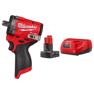 Milwaukee 2563P-20-48-59-2440, bundle: M12 FUEL 12V Li-Ion Brushless Cordless Stubby 1/2in. Impact Wrench with Pin Detent with M12 XC4.0 Ah Battery and Charger